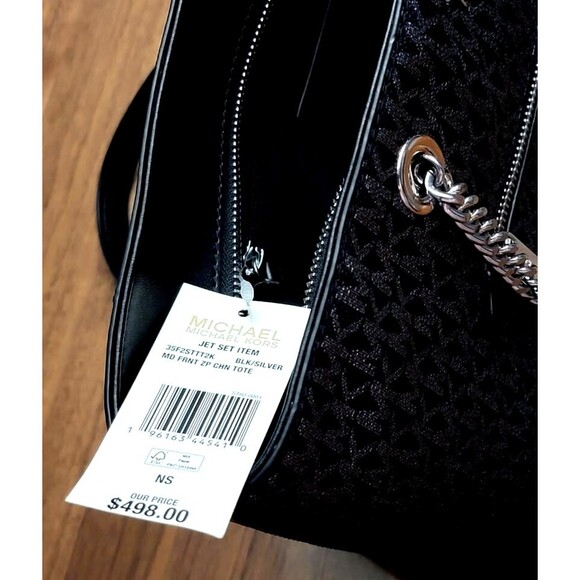 Authentic Michael Kors Jet Set Item Black/Silver Medium Front Zip Chain Tote :) - Picture 12 of 16